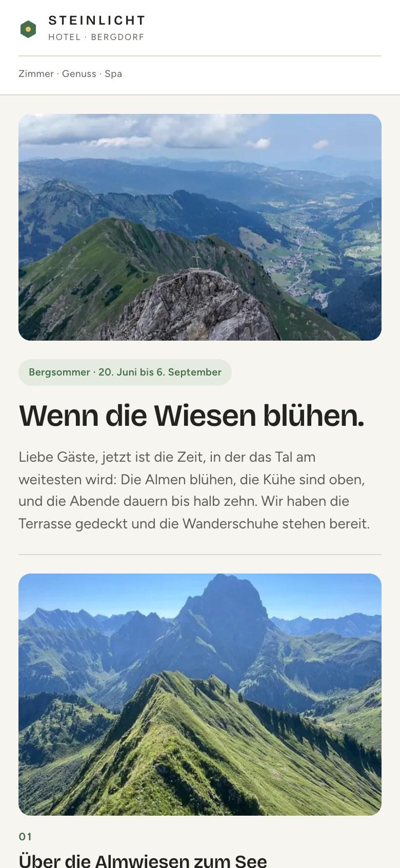 Ein Demo-Newsletter aus der Werkstatt auf dem Telefon: Hotel Steinlicht, Wenn die Wiesen blühen