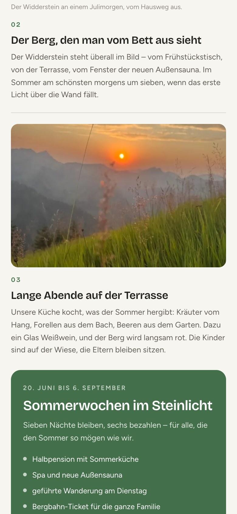 Der Demo-Newsletter weiter unten: Der Berg, den man vom Bett aus sieht, und Lange Abende auf der Terrasse